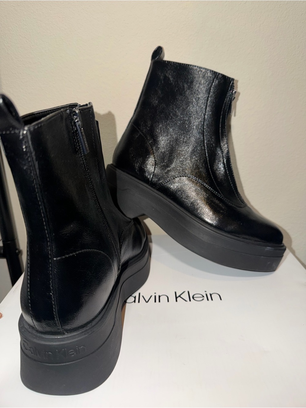 Calvin Klein Black Patent Leather Platform Zip Ankle Booties